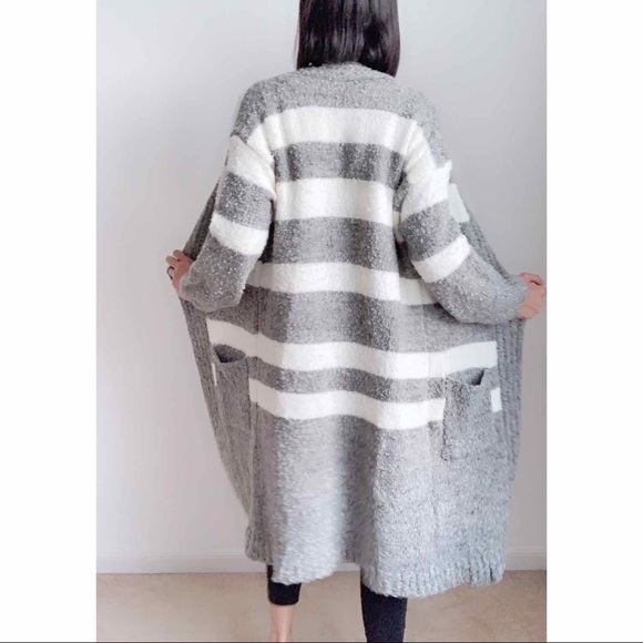 WOOL BLEND OPEN FRONT LONG KNIT CARDIGAN WITH POCKETS - WHITE GRAY COLOR BLOCK - Picture 3 of 5